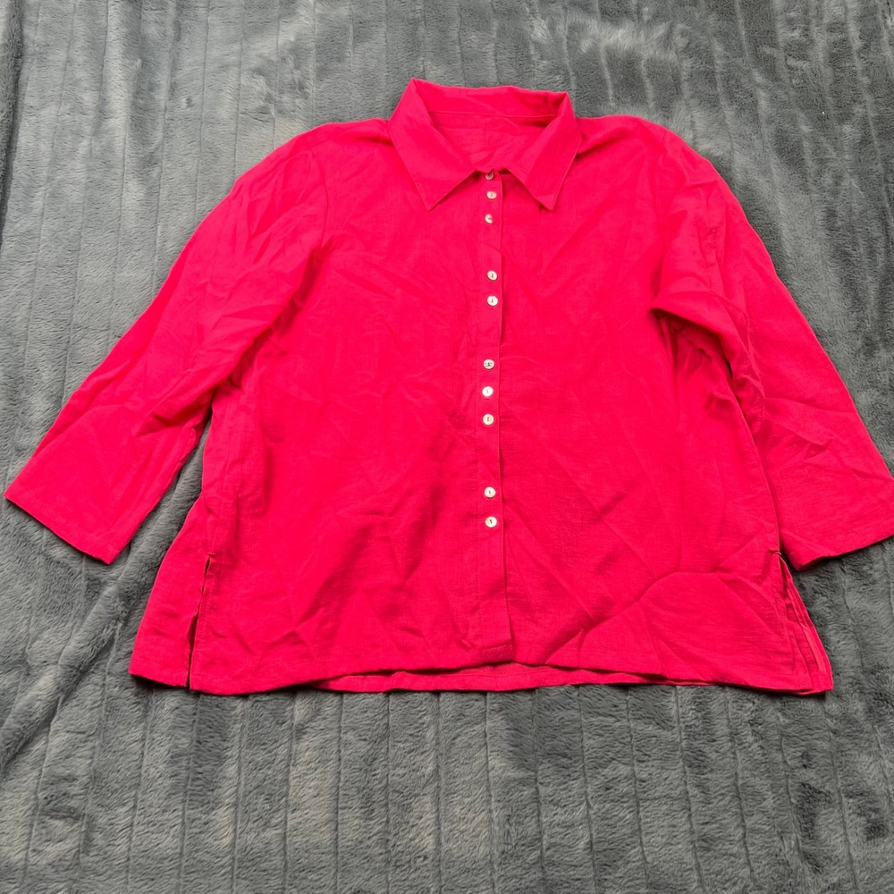 Fridaze Hot Pink 100% Linen Button Down Shirt Blouse XL 3/4 Sleeve Side Slit